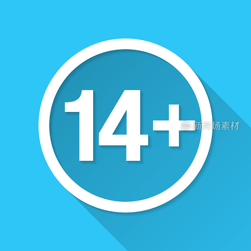 14+ 14+符号-年龄限制。图标在蓝色背景-平面设计与长阴影